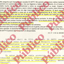 Fragmento del testimonio del presidente de la mezquita Youssef de Diegem, citando las afirmaciones de Es Satty sobre sus contactos con el CNI, y resumen de la Guardia Civil sobre esa declaración a la Fiscalía Belga.