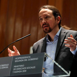 El vicepresidente segundo y ministro de Derechos Sociales y Agenda 2030, Pablo Iglesias, durante su intervención en la toma de posesión de altos cargos del departamento que preside este miércoles en Madrid. EFE/J.J. Guillén