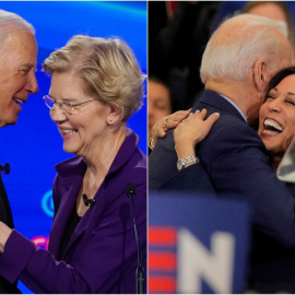 El exvicepresidente y candidato demócrata a la Presidencia de los EEUU,con la senadora Elizabeth Warren en uno de los debates de las primarias, en La Universidad Otterbeinde Westerville, Ohio) (izquierda), y con la senadora Kamala Harris, en un acto de c