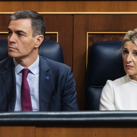 El presidente del Gobierno, Pedro Sánchez, y la vicepresidenta segunda y ministra de Trabajo y Economía Social, Yolanda Díaz, durante la Solemne Sesión de Apertura de las Cortes Generales de la XV LegislaturaEl presidente del Gobierno, Pedro Sánchez,