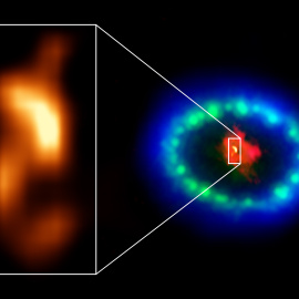 La supernova 1987A en la actualidad y detalle de la mancha caliente observada./ALMA (ESO/NAOJ/NRAO)