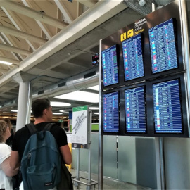 Unos viajeros consultan los paneles de información sobre salidas de vuelos en el aeropuerto de Palma de Mallorca. E.P.