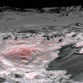 Imagen del cráter Occator, resaltando con un falso color rosado las salmueras más recientes procedentes del depósito líquido situado bajo la corteza de Ceres. / NASA/JPL-Caltech/UCLA/MPS/DLR/IDA