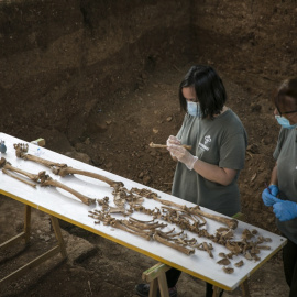 Personal técnico trabajando en la exhumación de la fosa común de Pico Reja, una de las mayores fosas del franquismo, ubicada en el cementerio de San Fernando, en Sevilla. María José López / Europa Press