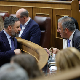  El líder de Vox Santiago Abascal (i) conversa con el diputado Javier Ortega Smith durante el pleno del Congreso de los Diputados, este martes en Madrid. EFE/ Zipi Aragon