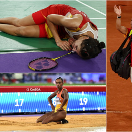 La jugadora de bádminton Carolina Marín, la atleta Ana Peleteiro, y el tenista Rafael Nadal, en los JJOO de París. REUTERS