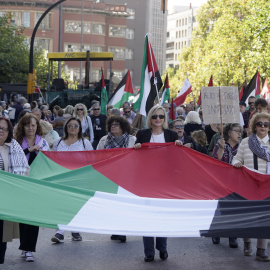 Más de un millar de personas se han manifestado este domingo por el centro de Gijón, una protesta que forma parte de la décima Movilización estatal por Palestina.-EFE/Paco Paredes