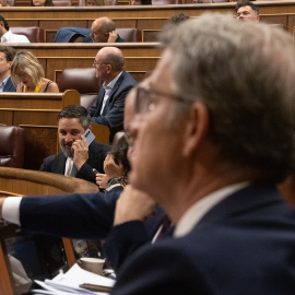  El líder de VOX, Santiago Abascal, habla por teléfono durante un pleno extraordinario en el Congreso de los Diputados. Eduardo Parra / Europa Press