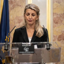  Yolanda Díaz comparece tras la reunión del grupo Parlamentario Plurinacional Sumar en el Congreso de los Diputados. Alejandro Martínez Vélez / Europa Press.