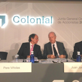 El presidente de Colonial, Juan José Bruguera, y el consejero delegado, Pere Viñolas, en la junta de accionistas 2019 de la compañía. E.P.