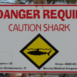 Cartel alertando del peligro de tiburones en una playa de la isla de La Reunión, Francia. / Tybo2