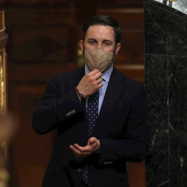 El presidente de Vox, Santiago Abascal, asiste al pleno del Congreso de los Diputados celebrado este martes. EFE/Kiko Huesca