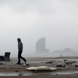 21/01/2020.- Una persona camina por la playa de la Barceloneta, en Barcelona durante el temporal. / EFE - ENRIC FONTCUBERTA