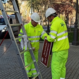 Operarios quitando la placa de la Avenida del Flamenco (Córdoba) / Captura de Youtube