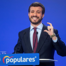 El líder del PP, Pablo Casado, durante la rueda de prensa posterior a la reunión del Comité de dirección del partido celebrada este lunes en la sede de la calle Génova, en Madrid. EFE/Rodrigo Jiménez