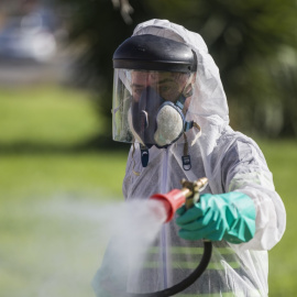 Un trabajador durante las labores de fumigación contra los mosquitos causantes del virus del Nilo en Coria del Río, Sevilla. María José López / Europa Press / Archivo