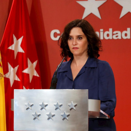 La presidenta de la Comunidad de Madrid, Isabel Díaz Ayuso, durante la rueda de prensa ofrecida este jueves en la Real Casa de Correos, sede del Gobierno regional, para analizar el auto del Tribunal Superior de Justicia de Madrid (TSJM) que ha rechazado 