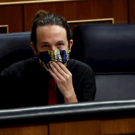 El vicepresidente segundo del Gobierno, Pablo Iglesias, durante una sesión de control al Gobierno en el Congreso de los Diputados, en Madrid. EFE/ Mariscal