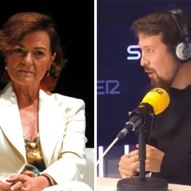 Carmen Calvo en una imagen de archivo del pasado 16 de septiembre, y Pablo Iglesias este lunes en el estudio de la Cadena Ser.-  (EUROPA PRESS / CADENA SER)