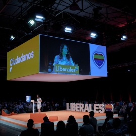 La presidenta de Ciudadanos, Inés Arrimadas, durante el acto de clausura de la convención política del partido, en el espacio para eventos Nube de Pastrana, a 18 de julio de 2021, en Madrid (España).