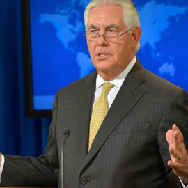 El secretario de Estado, Rex Tillerson, durante su conferencia de prensa en el Departamento de Estado en Washington. STATE DEPARTMENT