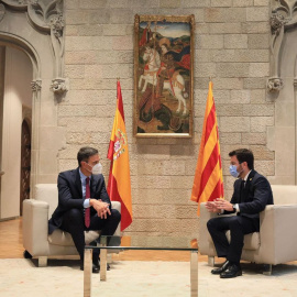 Pedro Sánchez i Pere Aragonès en la reunió que han mantingut aquest dimecres al Palau de la Generalitat.