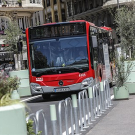 Un autobús de la línea C1 pasa al lado de los maceteros colocados en la Plaza del Ayuntamiento de Valencia.