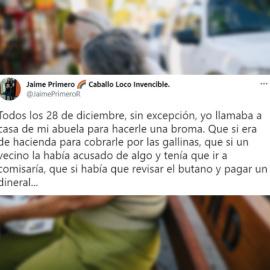 El tuit de Jaime Primero narrando la broma a su abuela.