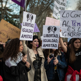 Un grupo de estudiantes participa en la manifestación del 8M y la huelga feminista en Madrid.-JAIRO VARGAS