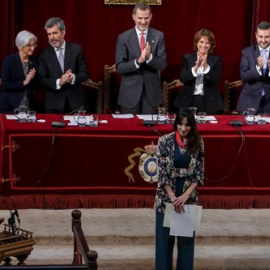 08/01/2019. (I-D) La fiscal general del Estado, María José Segarra; el presidente del Tribunal Supremo y del Consejo General del Poder Judicial, Carlos Lesmes; el rey Felipe VI; la ministra de Justicia, Dolores Delgado; el director de la Escuela Judicia