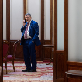 Aitor Esteban, portavoz del PNV en el Congreso, hablando por teléfono en los pasillos de la Cámara Baja.