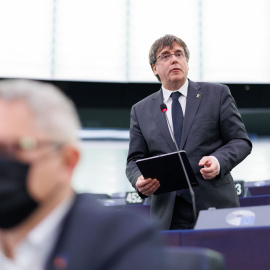 L'expresident de la Generalitat i eurodiputat de Junts, Carles Puigdemont, durant una intervenció al Parlament Europeu.