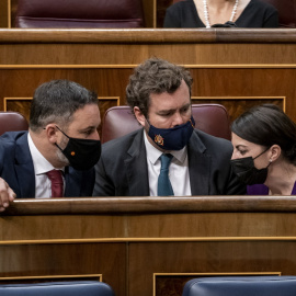 Santiago Abascal, Iván Espinosa de los Monteros y Macarena Olona. A. Pérez Meca / Europa Press.