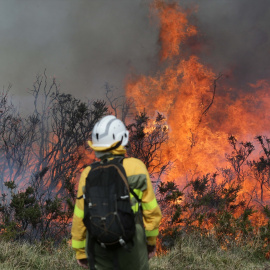 Un efectivo de la Xunta con base en Becerreá trabajan para extinguir las llamas en un incendio forestal, a 29 de marzo de 2023, en Baleira, Lugo, Galicia (España).