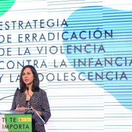 La ministra de Derechos Sociales, Ione Belarra, durante la presentación de la estrategia de Erradicación de la violencia contra la Infancia y adolescencia, en Madrid. E.P./Marta Fernández