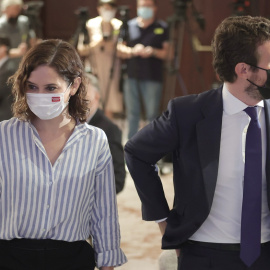 La presidenta de la Comunidad de Madrid, Isabel Díaz Ayuso, y el presidente del Partido Popular, Pablo Casado, durante un desayuno informativo, el pasado 7 de septiembre, en Madrid. E.P./Eduardo Parra