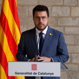 El president de la Generalitat, Pere Aragonès, en una compareixença a la Galeria Gòtica del Palau de la Generalitat.