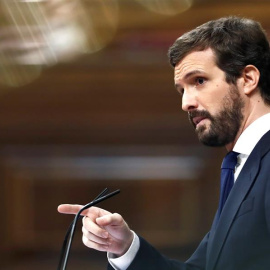 El presidente del Partido Popular, Pablo Casado, interviene durante el pleno del Congreso de los Diputados, este miércoles en Madrid.