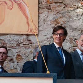 El alcalde de Figueres, Jordi Masquef, el presidente de la Generalitat, Salvador Illa, y el rey Felipe VI, a 25 de septiembre de 2024, en Figueres.