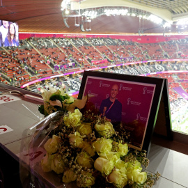 Homenaje al periodista estadounidense Grant Wahl en el estadio Al Bayt de Catar, a 10 de diciembre de 2022.