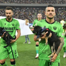 Los jugadores del Dínamo de Bucarest sosteniendo perros en adopción antes del partido.