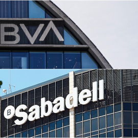 Los logos de BBVA y de Banco Sabadell, en sus respectivas sedes de Madrid y de Barcelona. EFE