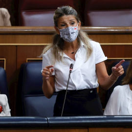 La vicepresidenta segunda y ministra de Trabajo y Economía Social, Yolanda Díaz, durante la sesión de control al Gobierno celebrada este miércoles en el Congreso.