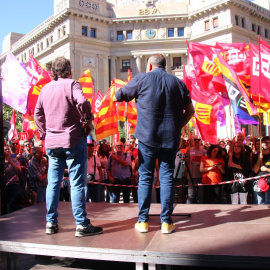 26/09/2024 - La concentració d'UGT i CCOO de Catalunya davant la seu de Foment del Treball.