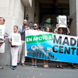 Miembros de la Plataforma de Defensa de Madrid Central se concentran en las puertas del Ayuntamiento./EFE