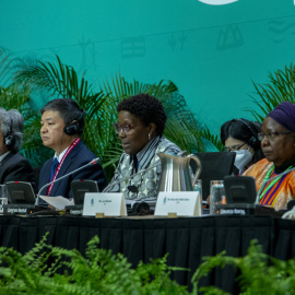 La secretaria ejecutiva de la Convención sobre Diversidad Biológica, Elizabeth Maruma Mrema; y el presidente de la Conferencia de la ONU sobre Biodiversidad COP15, el chino Huang Rinqiu, participan hoy en el cierre de la sesión ministerial en Montreal 