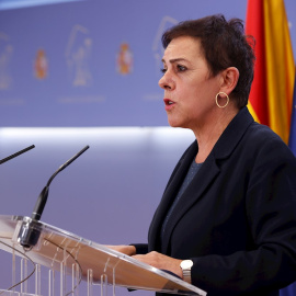 21/09/2021.- La diputada de Bildu, Mertxe Aizpurua durante la rueda de prensa tras la Junta de Portavoces celebrada este martes en el Congreso. EFE/J.J. Guillén