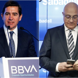 A la izquierda, Carlos Torres, presidente de BBVA, y a la derecha, Josep Oliú, de Banco Sabadell.