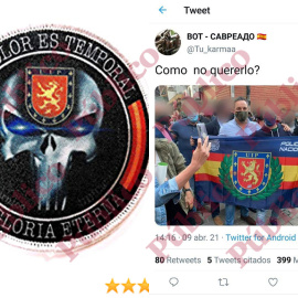 Parche bordado del "Castigador" con  el escudo de las UIP en la frente de la calavera y el líder de Vox, Santiago Abascal, con la bandera de las UIP, tras los incidentes de Vallecas.