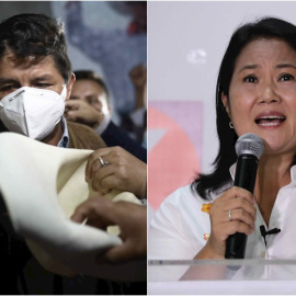 A la izquierda, el candidato a la presidencia de Perú Pedro Castillo, del partido Perú Libre. A la derecha, la  candidata a la presidencia por el partido Fuerza Popular, Keiko Fujimori.